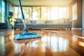 Efficient Parquet Floor Cleaning Mopping with Cleanser Foam and Essential Cleaning Tools. created with Generative AI Royalty Free Stock Photo
