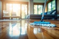 Efficient Parquet Floor Cleaning Mopping with Cleanser Foam and Essential Cleaning Tools. created with Generative AI Royalty Free Stock Photo