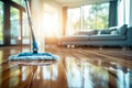 Efficient Parquet Floor Cleaning Mopping with Cleanser Foam and Essential Cleaning Tools. created with Generative AI Royalty Free Stock Photo