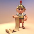 Efficient Roman legionnaire soldier in armour reading from a paper scroll, 3d illustration