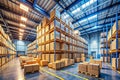 Efficient Storage Solutions A Panoramic View of Organized Cardboard Boxes in a Modern Warehouse Royalty Free Stock Photo