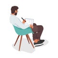 Efficient Time Management Vector Concept. Man Plans Schedule, Sitting On Chair, Maximizing Productivity