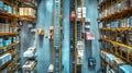 Efficient warehouse operations aerial view of dynamic conveyor belt system for goods sorting