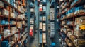 Efficient warehouse operations aerial view of dynamic conveyor belt system sorting and moving goods