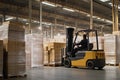 Efficient warehouse operations with a forklift navigating through stacked pallets of goods during daytime Royalty Free Stock Photo