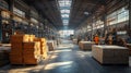 Efficient warehouse with workers processing materials and stacks of boards