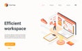 Efficient workplace management isometric landing page, 3d workspace business optimization