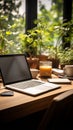 Efficient workspace with laptop, coffee, notebook, houseplant on wooden table