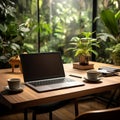 Efficient workspace with laptop, coffee, notebook, houseplant on wooden table