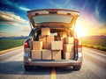 Efficiently Packed Car Trunk Ready for a Move or Delivery Organized Cardboard Boxes Maximizing Cargo Space Royalty Free Stock Photo
