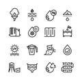 Effluent water treatment. Water purification linear vector icons