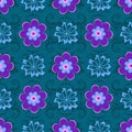 Effortless green floral pattern with violet and blue flowers