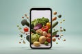 Effortless Online Grocery Shopping: Smartphone with Fresh Groceries.