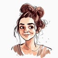 Effortlessly Chic: Cute Girl Messy Bun Watercolor Stock Photo