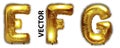 EFG gold foil letter balloons on white background. Golden alphabet balloon logotype, icon. Metallic Gold ABC Balloons