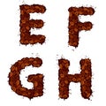 EFGH, english alphabet letters, made of coffee beans, in grunge