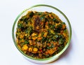 Macrophotography, close up of Efo riro shared in a dish Royalty Free Stock Photo