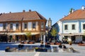 10.13.2021 - Eger, Hungary: Main Dobo square in Eger Hungary with beautiful buildings fountain and people . Royalty Free Stock Photo