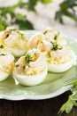 Egg appetizer with herbs and shrimps Royalty Free Stock Photo