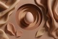 Egg balances delicately on a series of concentric circles, surrounded by soft, flowing fabric and flower petals, creating a Royalty Free Stock Photo