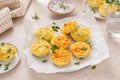 Egg bites with ham and cheese, and chicken and pesto, high protein snack idea Royalty Free Stock Photo