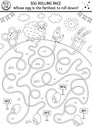 Egg black and white rolling race labyrinth. Easter maze for children. Holiday outline preschool printable educational activity.