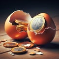 egg broken money coins golden euros saving stocks earnings - ai generated Royalty Free Stock Photo