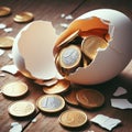 egg broken money coins golden euros saving stocks earnings - ai generated Royalty Free Stock Photo