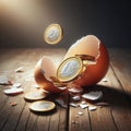 egg broken money coins golden euros saving stocks earnings - ai generated Royalty Free Stock Photo