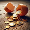 egg broken money coins golden euros saving stocks earnings - ai generated Royalty Free Stock Photo