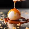 Egg with caramel sauce. Beautiful egg composition with caramel drops