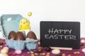 Egg carton with chocolate eggs and chick with Happy Easter blackboard Royalty Free Stock Photo