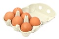 Egg carton open with six eggs isolated on white Royalty Free Stock Photo