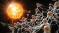 Egg cell glowing like sun among the floating sperms in dark Royalty Free Stock Photo