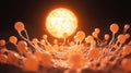 Egg cell glowing like sun among the floating sperms in dark Royalty Free Stock Photo