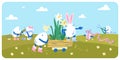 The egg characters are preparing for Easter, painting their shells, pushing a cart with daffodils, and decorating them Royalty Free Stock Photo