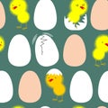Egg and chicken. Chicks in their shells. Vector seamless pattern