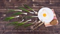 Egg , chives, bread, plate, knife and fork Royalty Free Stock Photo