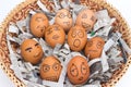 egg face in basket. newspapers. orphaned. dumped