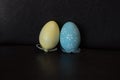 Two plastic easter eggs, yellow and light blue, with white flower pattern, before dark background, colorful ribbon bow, decoration