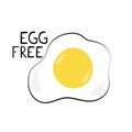 Egg free label. Scrambled eggs and text, dietary allergy product, food emblem, ecology product promotion healthy market, hand