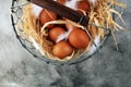 Egg. Fresh farm eggs on a wooden rustic background. Royalty Free Stock Photo