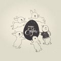 Egg with Happy Easter inscription and cute little bunnies jumping around it. Holiday symbols and elegant hand lettering