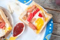 Egg, hotdog and crab stick in a hole of bread Royalty Free Stock Photo