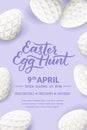 Egg hunt Easter holiday party poster banner template. Vector eggs with 3d geometric texture and calligraphy lettering