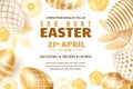 Egg hunt Easter poster, banner or flyer template. Vector layout. Gold eggs with geometric pattern on white background Royalty Free Stock Photo