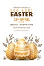 Egg hunt Easter poster or banner template. Vector illustration. 3d gold realistic eggs and sketch hand drawn leaves Royalty Free Stock Photo