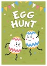 Egg hunt poster. Colored eggs with cute faces dancing on a green lawn. Easter eggs friends with funny faces. Egg hunt Royalty Free Stock Photo