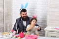 Egg hunt on spring holiday. father and daughter paint easter eggs. Family love easter. Happy easter. Childhood. Rabbit Royalty Free Stock Photo