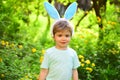 Egg hunt on spring holiday. Little boy child in green forest. love easter. Family holiday. Happy easter. Childhood Royalty Free Stock Photo